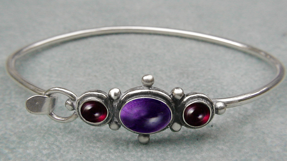 Sterling Silver Victorian Inspired Strap Latch Spring Hook Bangle Bracelet with Amethyst And Garnet